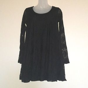 Altar'd State Lace Bell Sleeve Scoop Tie Back Lined A-Line  Black Mini Dress S